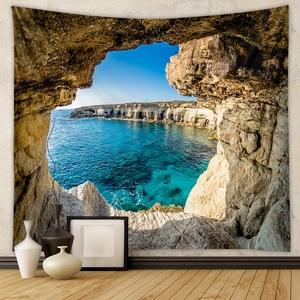 Tapisserie de Paysage Naturel Tenture Murale Bohémienne Vue sur l'Océan au Coucher du Soleil Plage Palmier Décoration Murale de Chambre