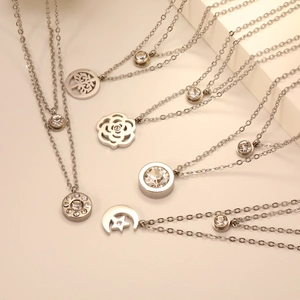 Layered Pendant Necklace Stainless Steel Cubic Zirconia Minimalist Heart Cross Tree Of Life Jewelry For Women