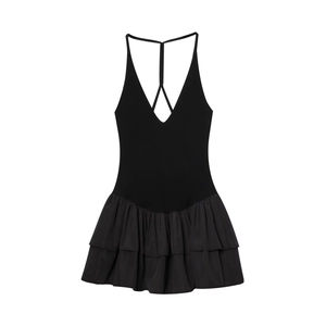 Solid black halter neck sleeveless mini dress with layered ruffle hem and crisscross back straps