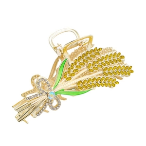 Elegant gold wheat ear hair claw clip with amber rhinestones and a green leaf detail