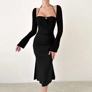 Robe Midi À Manches Longues Dos Nu Évidée Cordon De Serrage Froncée Ajustée Polyester Élasthanne Sirène Femmes