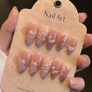 Almond Press On Nails Nude Pink Gradient White Flower Embossed Design Faux Artificial Pearl Decor French Elegant Long Artificial Fingernails For Women