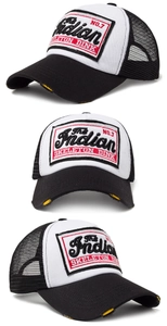 Detailed views of vintage trucker cap with Indian embroidery and distressed brim details