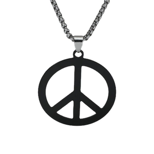 Unisex stainless steel necklace with black round peace sign pendant and silver chain link