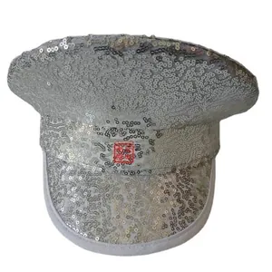 Detailed view of silver sequin military hat with shiny surface for bridal bachelorette party