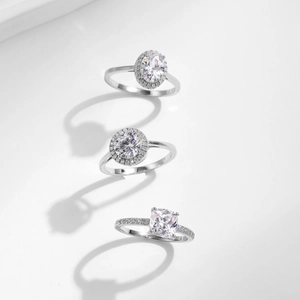 Three S925 sterling silver rings with oval, round and square zirconia in a luxury design