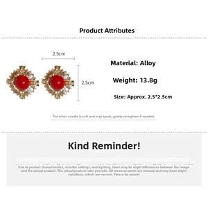 Detail view of retro red zircon stud earrings with product dimensions 2.5x2.5cm