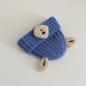 Cute blue knit winter baby bear hat with plush ears for toddlers aged one to four