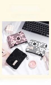 Detail of quilted floral cosmetic bags with metal ring zippers in various patterns
