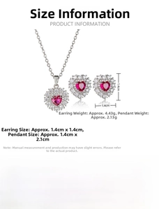 Detail showing heart-shaped ruby earrings and necklace pendant with pavé zirconia