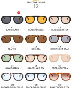Grid display of twelve stylish large rectangular sunglasses in varied colors and finishes