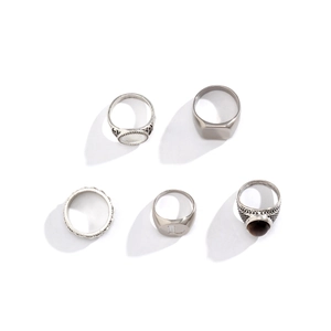 5-piece men's silver ring set with minimalist bands and brown gemstone signet rings