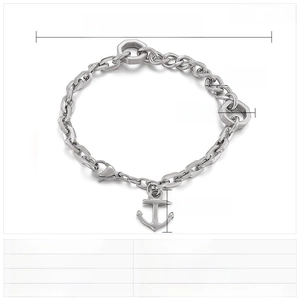 Macro detail of punk anchor pendant bracelet showing 22cm length and stainless steel texture