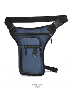 Detail view of the waterproof dark blue tactical leg bag with adjustable straps