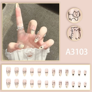 Cute yellow graffiti cat press-on nails set with long pointed design for women