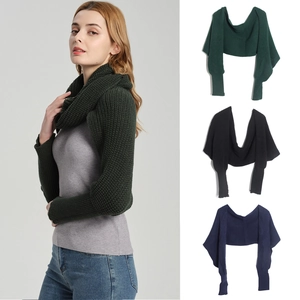 Knitted shawl wrap with sleeves for autumn winter in dark green black and navy