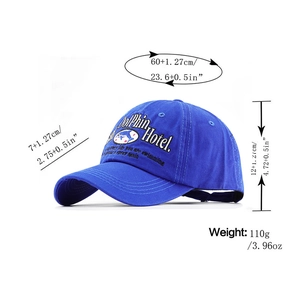 Blue dolphin hotel baseball cap detailed dimensions showing 60cm head circumference