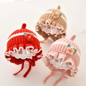 Cute Baby Girl Knit Hat Autumn Winter Warm Infant Bonnet With Floral Decoration Soft Lining Windproof Earflap Straps Acrylic Cap