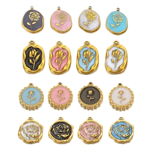 Golden stainless steel enamel rose charms in assorted shapes for DIY jewelry making