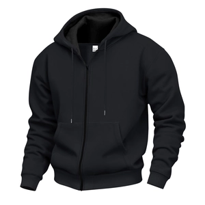 Detail view of M size label and fleece lining on black zip-up hoodie for men