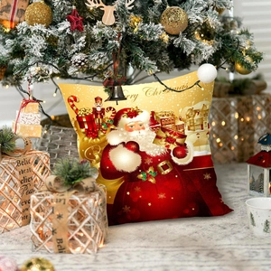Federa Natalizia Oro Cartone Animato Babbo Natale Pupazzo Di Neve Stampa Peluche Corto Copricuscino Quadrato