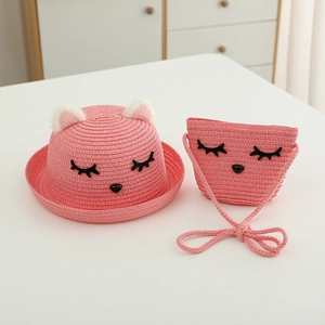 Set cappello di paglia e borsa rosa per bambini con orecchie di gatto e ciglia
