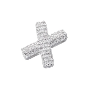 Macro view of silver X-shaped pendant featuring 925 hallmark and pave set cubic zirconia