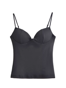 Detail of black sleeveless camisole top featuring a sweetheart neckline and padded cups