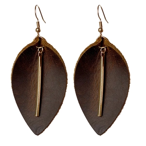 Brown crazy horse leather leaf earrings with elegant gold metal stick and hooks