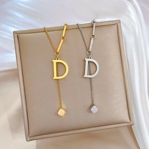 Titanium Steel Letter D Pendant Necklace Minimalist Geometric Cube Charm Asymmetric Chain Gold Silver For Women