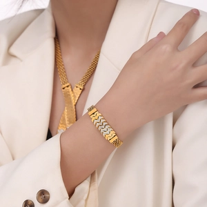 Detail of elegant gold-plated 18k titanium steel necklace and bracelet with zircon inlay