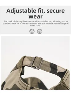 Detail of adjustable metal buckle on camouflage canvas cap for customized fit size