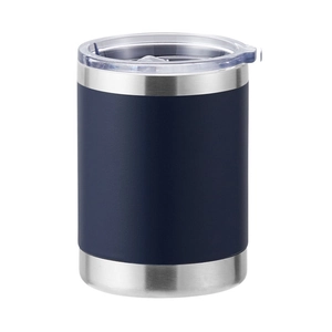 Detailed view of 12oz stainless steel travel mug with dark blue coating and clear lid