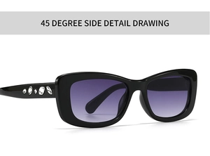 45-degree side view of small square sunglasses with purple gradient lenses and rhinestones