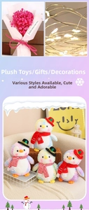 Detailed close-up of macaron color penguin plush with mini top hat and Christmas scarf