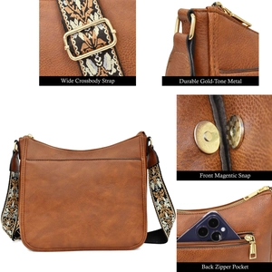 Brown litchi texture crossbody messenger bag with bohemian wide jacquard strap