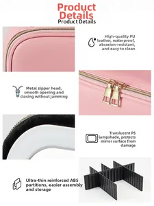 Detail of pink PU leather makeup bag with LED mirror, metal zippers, and ABS dividers