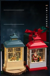 Macro shot of retro Christmas lantern night light featuring Santa and snowy landscape