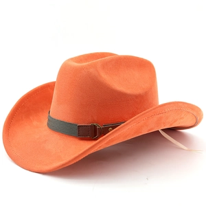 Detailed view of an orange suede cowboy hat featuring a leather strap with metal buckle