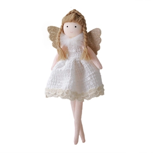 Bambola angelo di peluche con abito in pizzo bianco e ali glitterate oro per decoro Natale