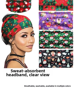 Detailed view of elastic Christmas headbands with festive patterns and fitness usage models