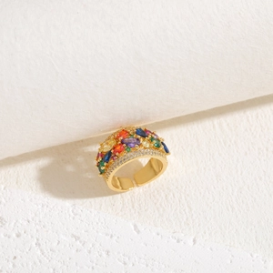 Detail of 14K gold plated ring with colorful zircons and micro-pave crystals