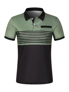 Detail of olive green and black color-block polo shirt with striped chest pattern