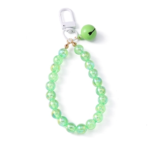 Green iridescent beaded keychain with bell and clasp on white background