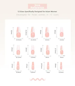 Size chart showing 12 different dimensions for pink ombre press-on nails with rhinestones