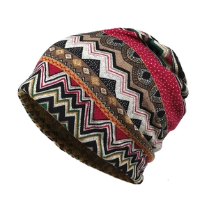 Ethnic knit slouchy beanie for men and women with vintage bohemian geometric patterns