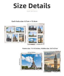 Detailed size chart for 11x14 inch wood frame and 5-opening photo collage frame