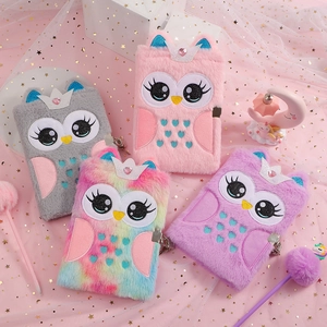 Plush Owl Notebook With Metal Lock And Keys Decorative Crown Furry Writing Diary For Kids Girls Cartoon Secret Journal