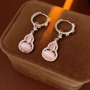 Vintage Gourd Drop Earrings With Pink Cat Eye Stone Zircon Copper Silver Earring Post New Chinese Style Elegant Jewelry Women