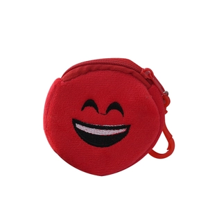 Mini red plush coin purse featuring an embroidered smile emoji with a plastic hook